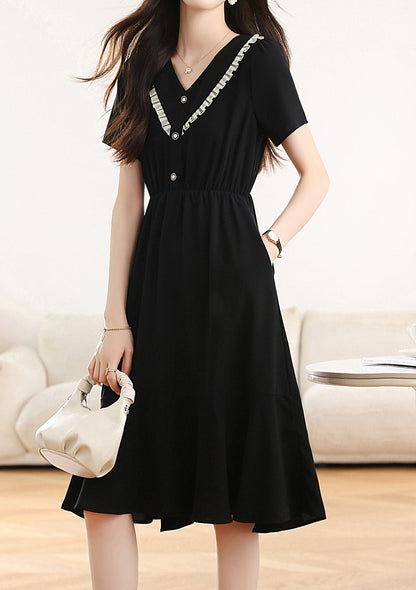 Black Chiffon V-Neck Midi Dress with Pockets