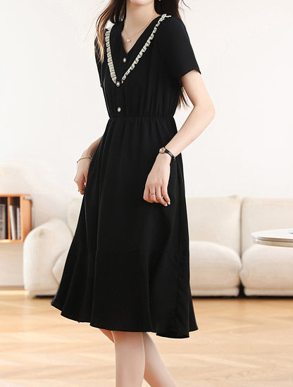 Black Chiffon V-Neck Midi Dress with Pockets