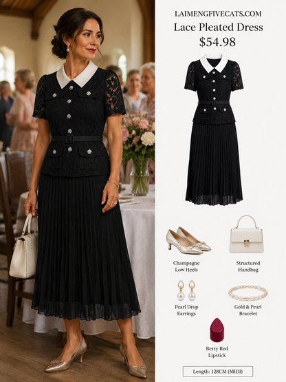 Lace Collar Pleated Midi Dress With Belts