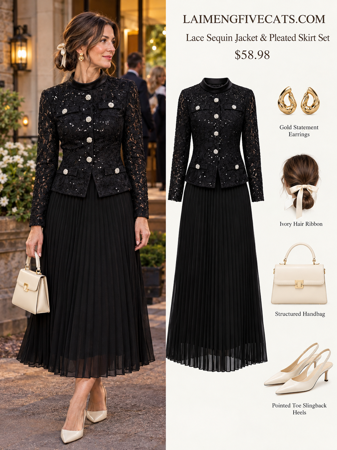Lace Jacket & Pleated Midi Skirt Set | 3 Colors
