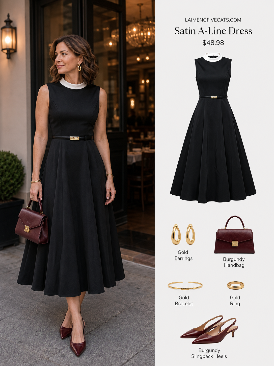 Satin A-Line Midi Dress with Belt | Black & Apricot