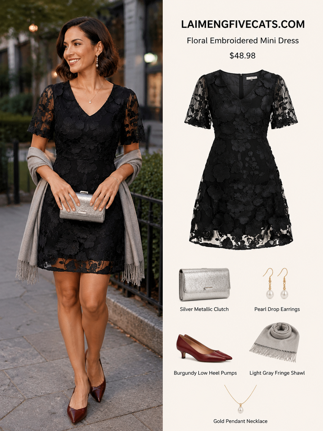 Black Floral Embroidered V-neck Mini Dress