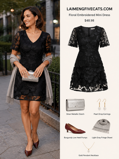 Black Floral Embroidered V-neck Mini Dress