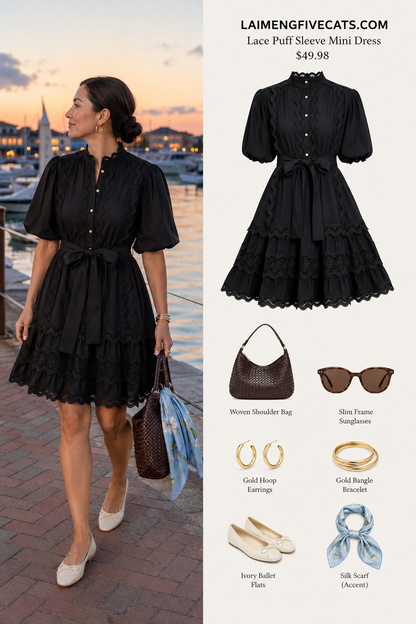Black Lace Trim Mini Dress for Women – Elegant Romantic Summer Outfit - LAI MENG FIVE CATS