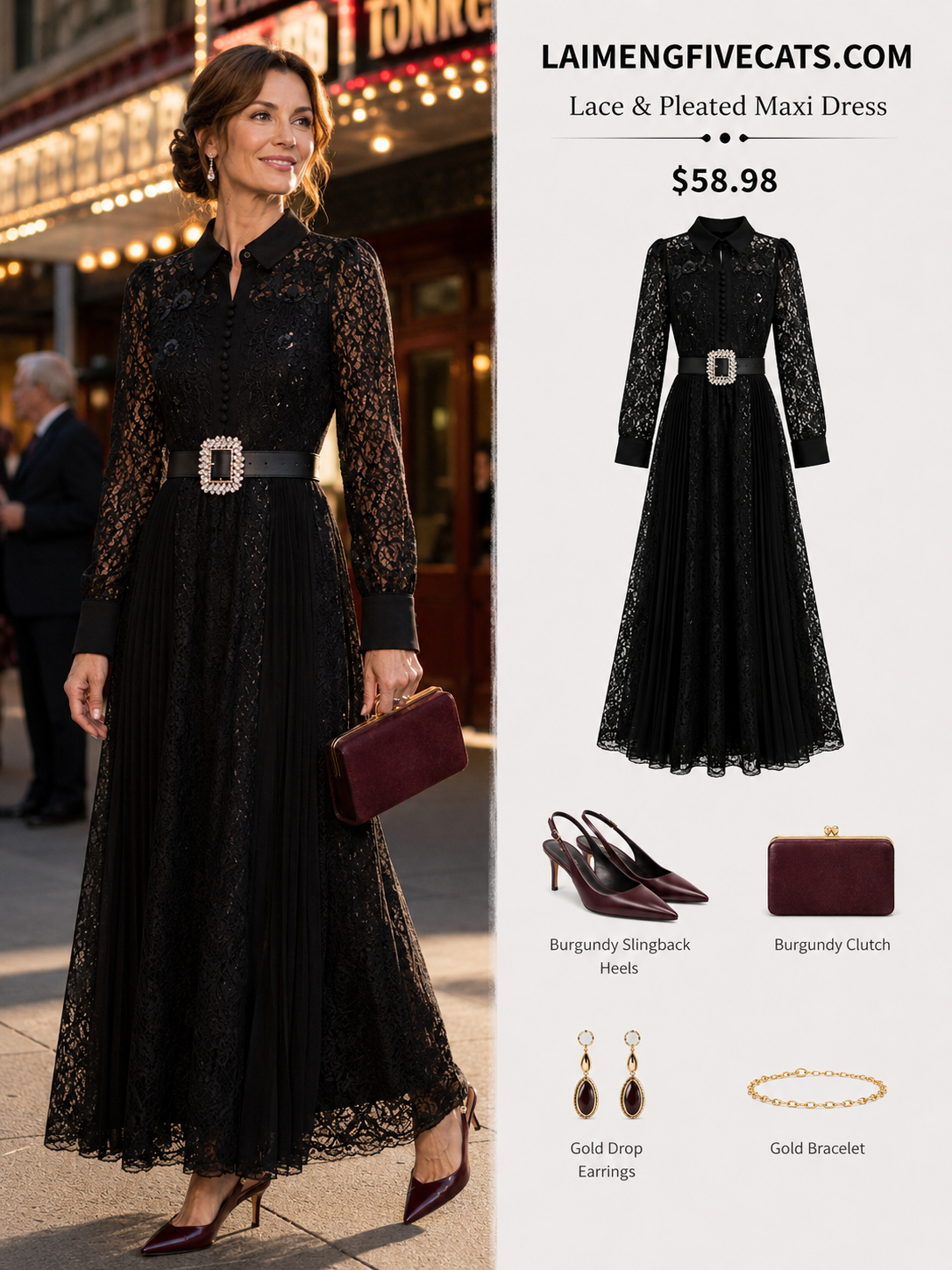 Lace & Chiffon Maxi Dress – Elegant Long Sleeve Dress with Crystal Belt