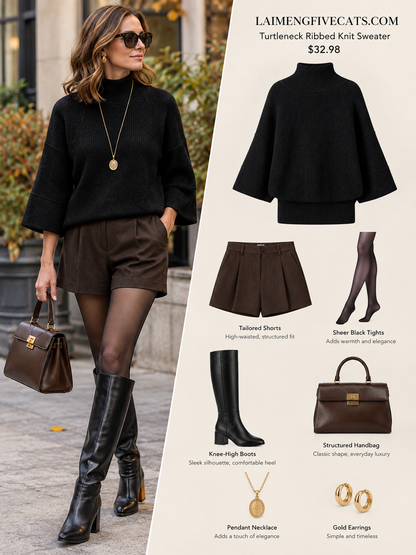 28681-Ribbed Turtleneck Flare-Sleeve Knit Sweater – Black & White