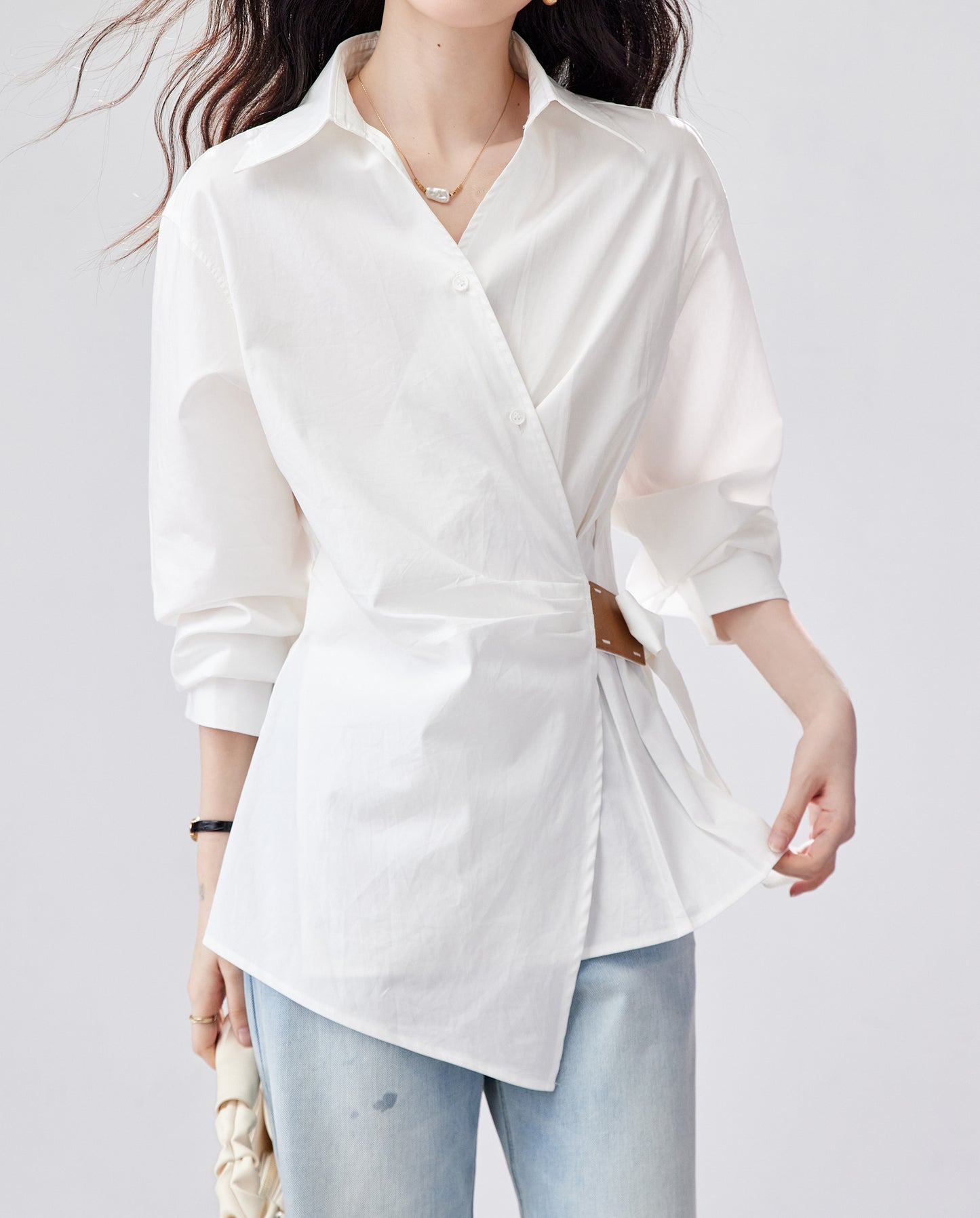 White Tie-Waist Asymmetric Shirt | Early Fall