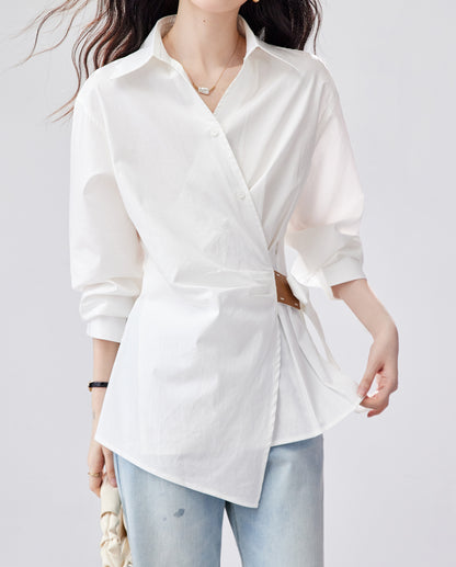White Tie-Waist Asymmetric Shirt | Early Fall
