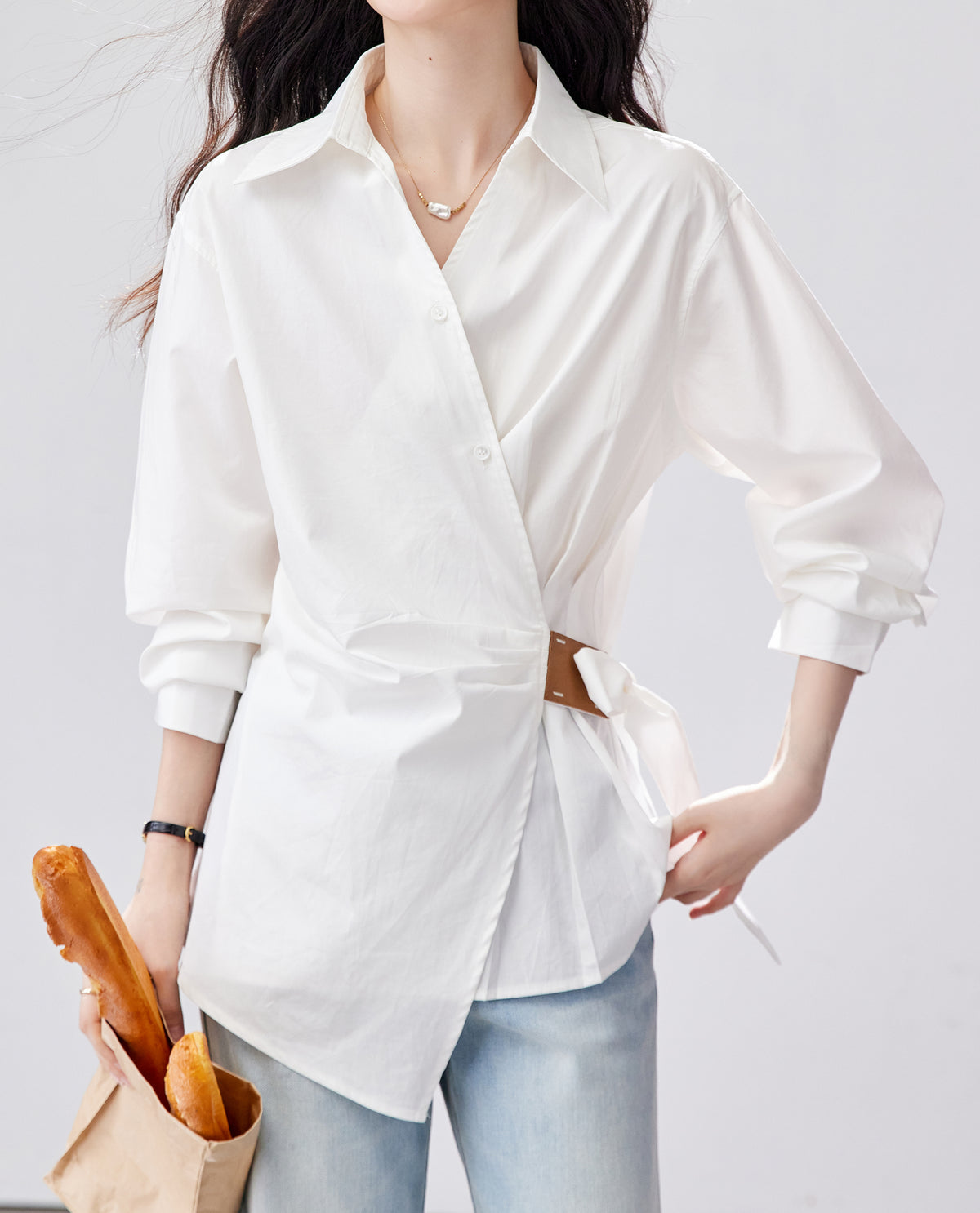 White Tie-Waist Asymmetric Shirt | Early Fall