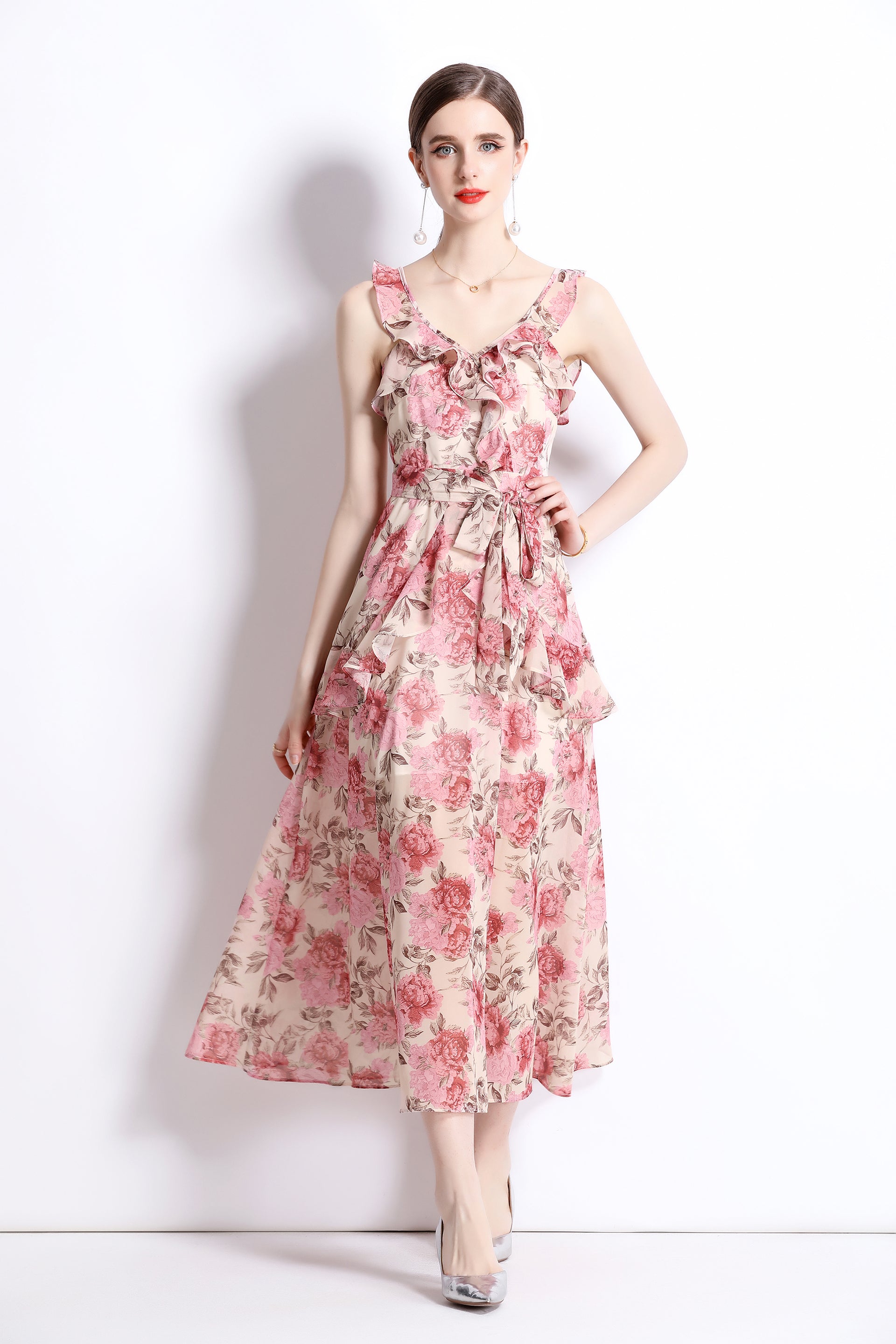 Pink Floral Print Ruffle Hem Backless Cami Dress – LAI MENG FIVE CATS