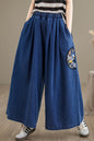 Women's Loose Elastic Waist Wide Embroidery Leg Denim Pants