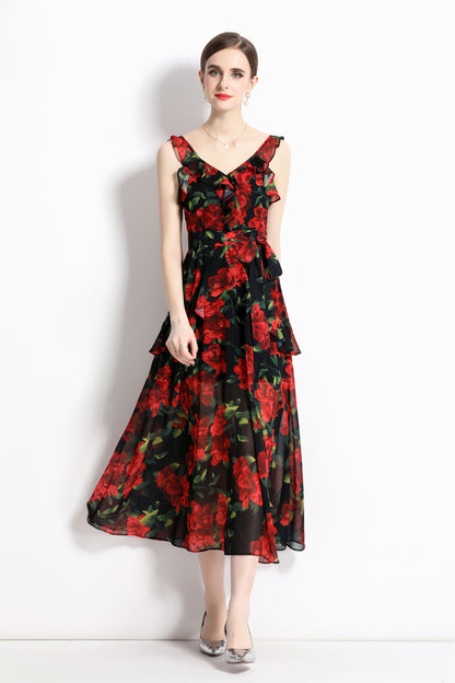 Floral Print Ruffle Hem Backless Cami Dress