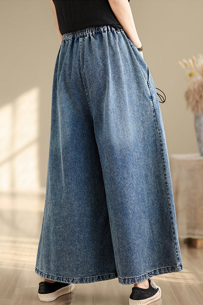 Women's Loose Elastic Waist Wide Leg Denim Pants