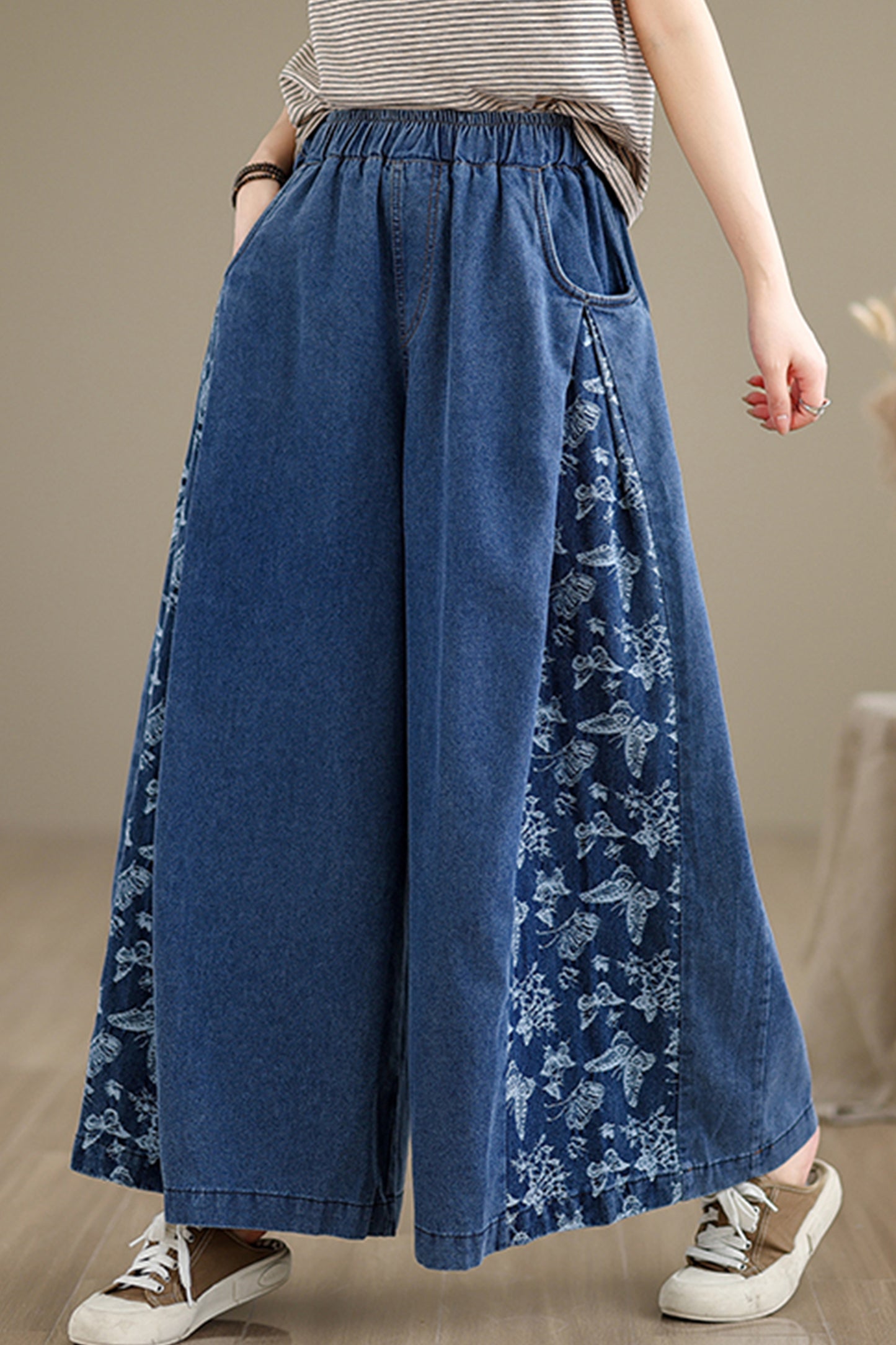 Women's Loose Elastic Waist Wide Leg Denim Pants With Double Pockets