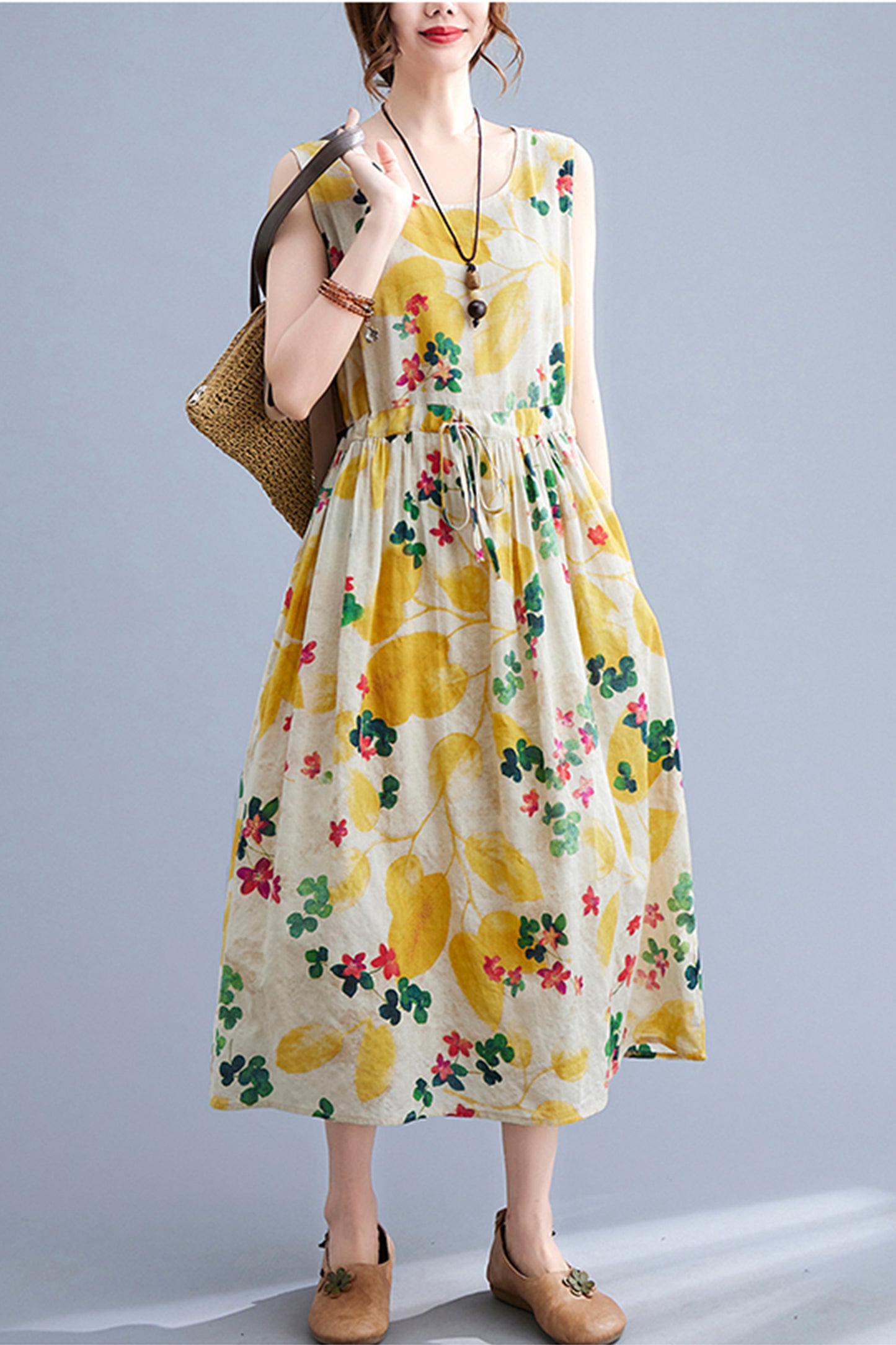 Yellow Floral Print Loose Cami Dress with Pocket
