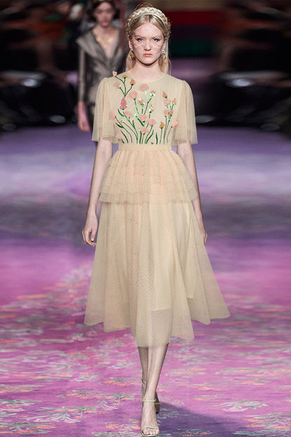 Embroidered Sheer Mesh Flounce Sleeve Overlay Lace Midi Summer Dress