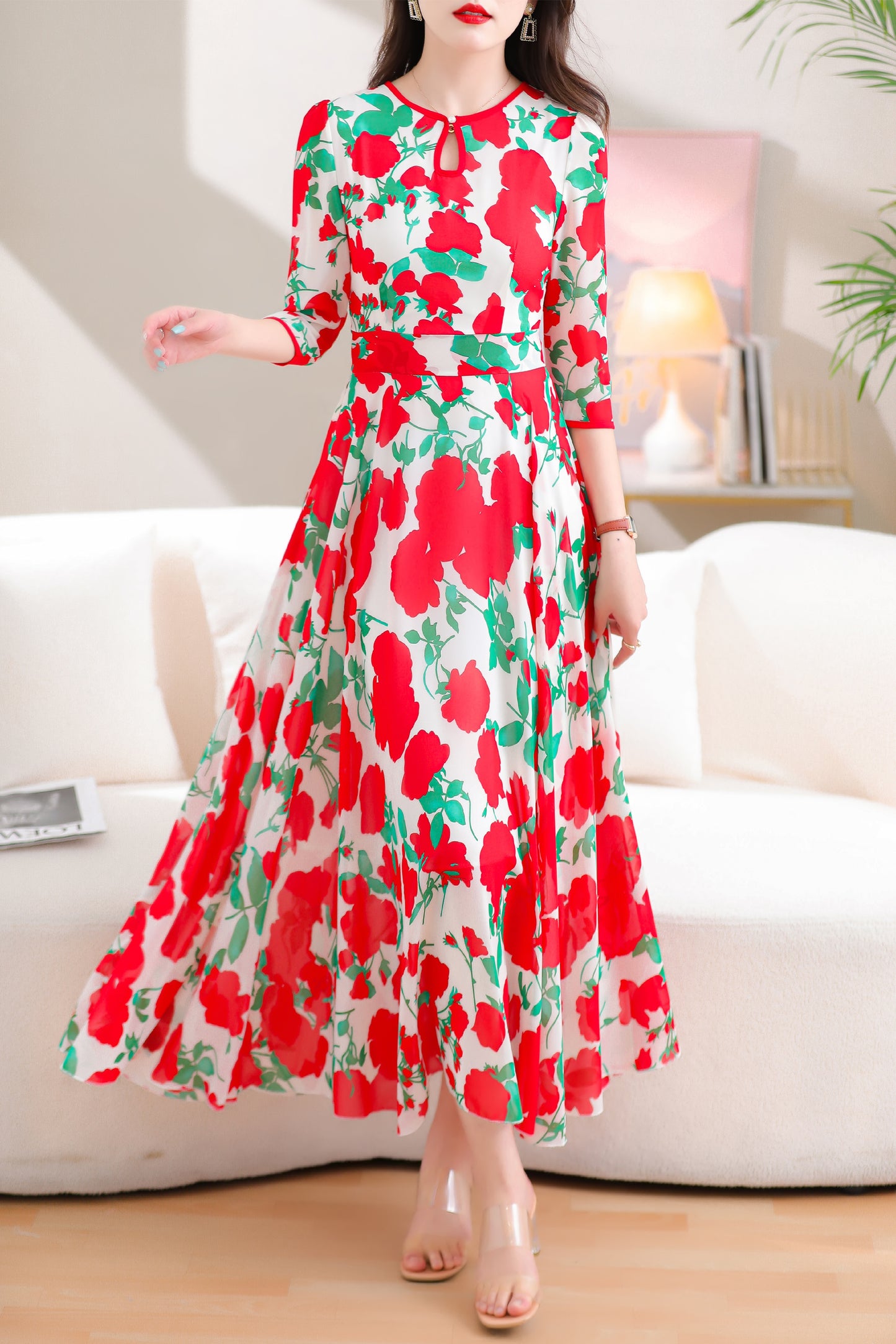 Floral Print 3/4 Sleeve Maxi Dress