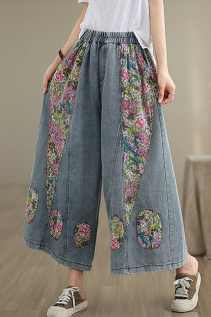 Women's Loose Elastic Waist Wide Leg Denim Pants With Double Pockets