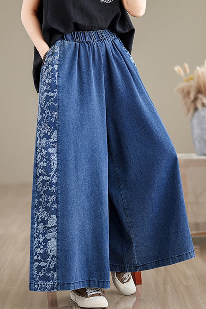 Women's Loose Elastic Waist Wide Leg Denim Pants