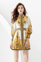 Women's Floral Print Button up Lantern Sleeve Casual Shirt Mini Dress