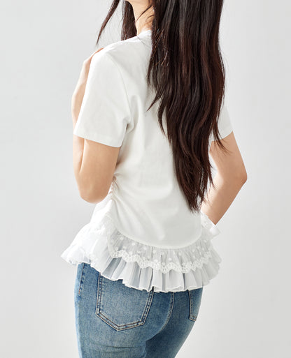 Lace Hem Ruched Tee – Ivory White