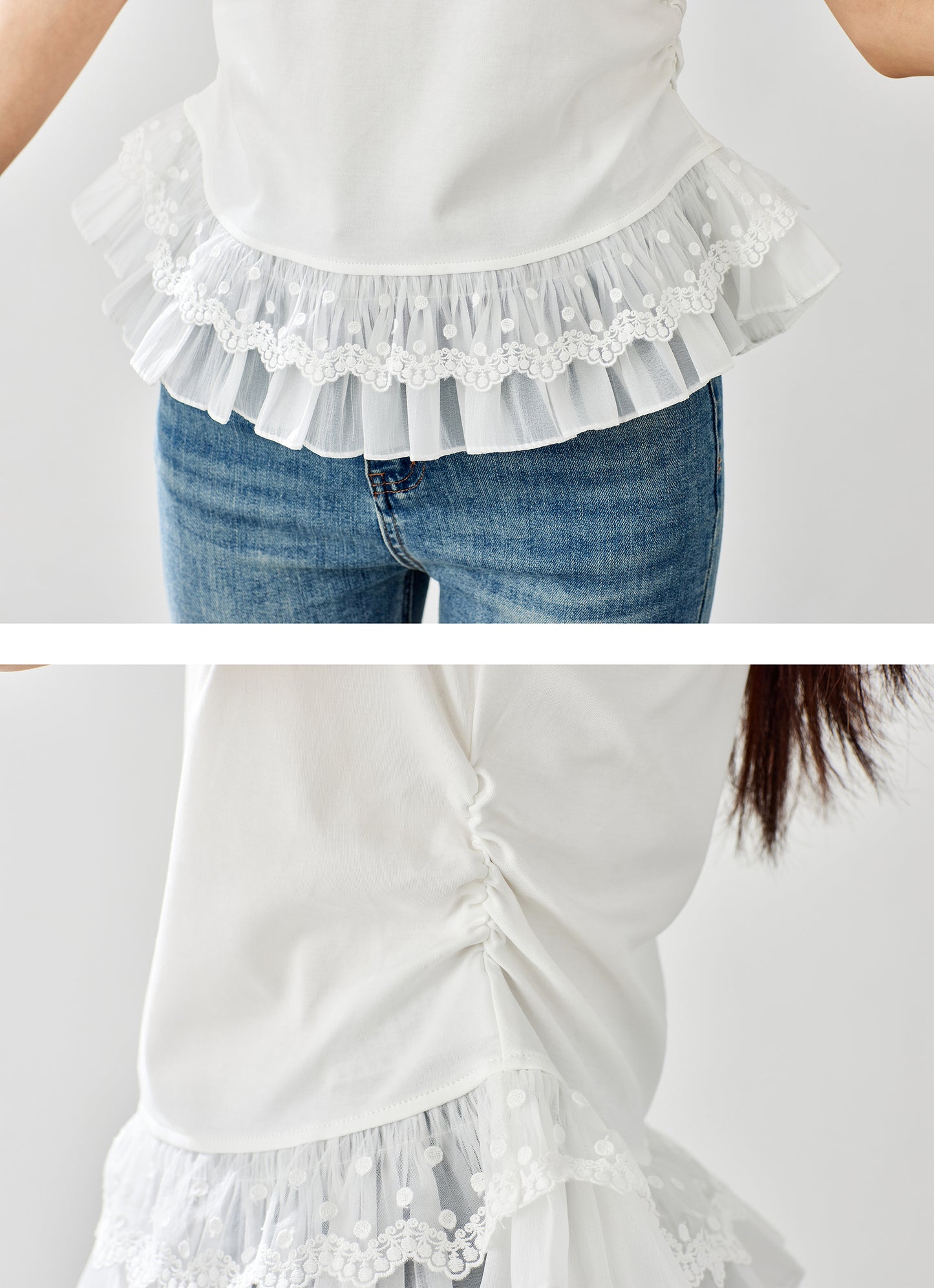 Lace Hem Ruched Tee – Ivory White