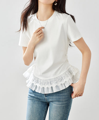 Lace Hem Ruched Tee – Ivory White