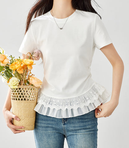 Lace Hem Ruched Tee – Ivory White
