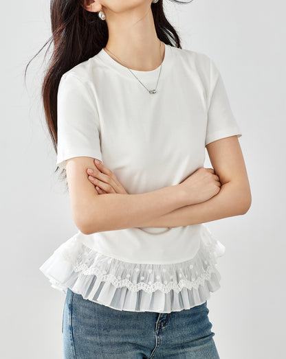 Lace Hem Ruched Tee – Ivory White