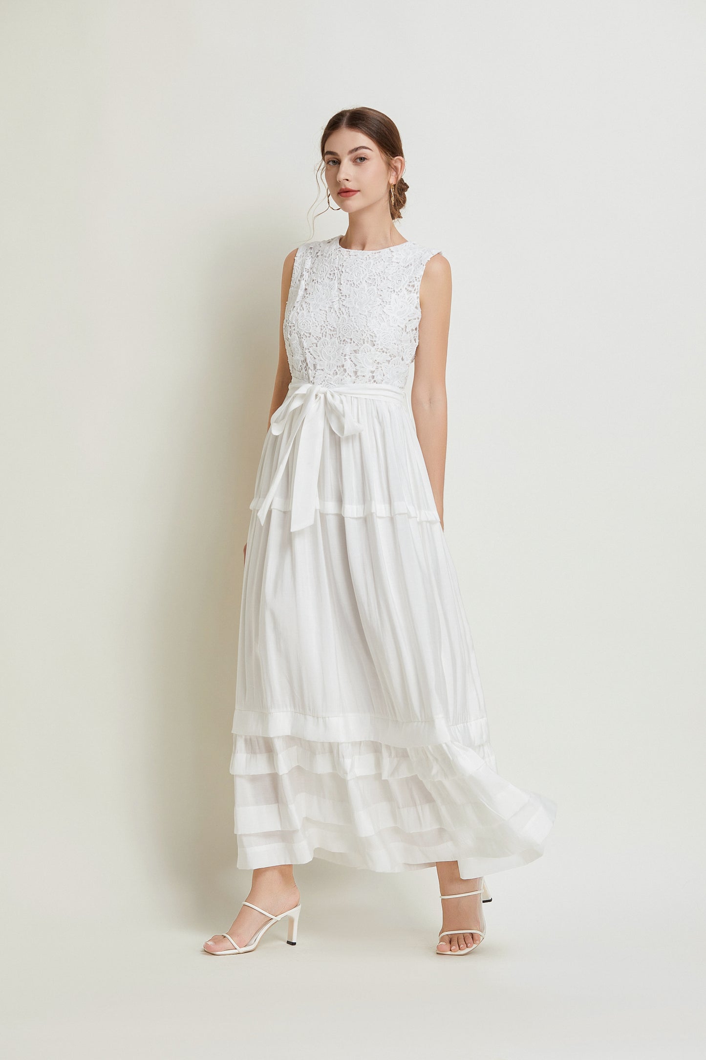 Sleeveless Belted Layered Lace Maxi Dress