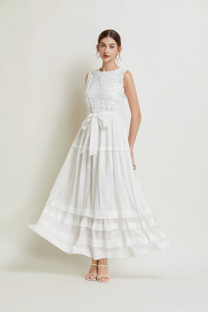 Sleeveless Belted Layered Lace Maxi Dress