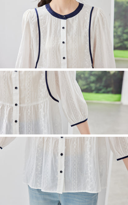 Jacquard Contrast Trim Blouse – White & Navy