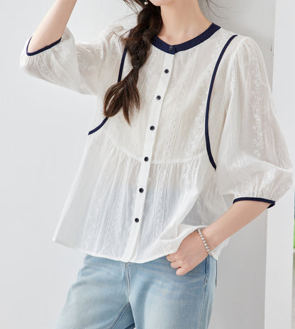 Jacquard Contrast Trim Blouse – White & Navy
