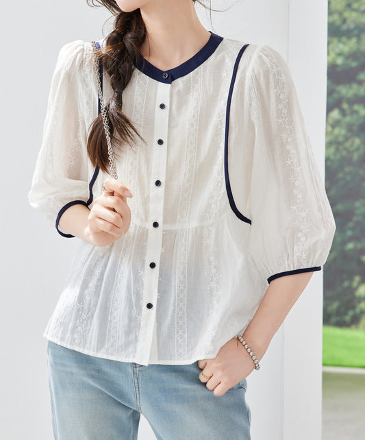 Jacquard Contrast Trim Blouse – White & Navy