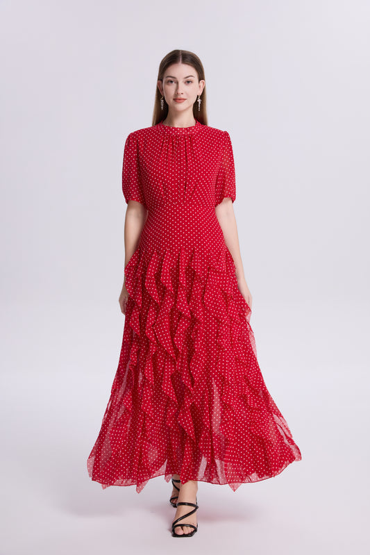 Polka Dot Ruffle Chiffon Maxi Dress
