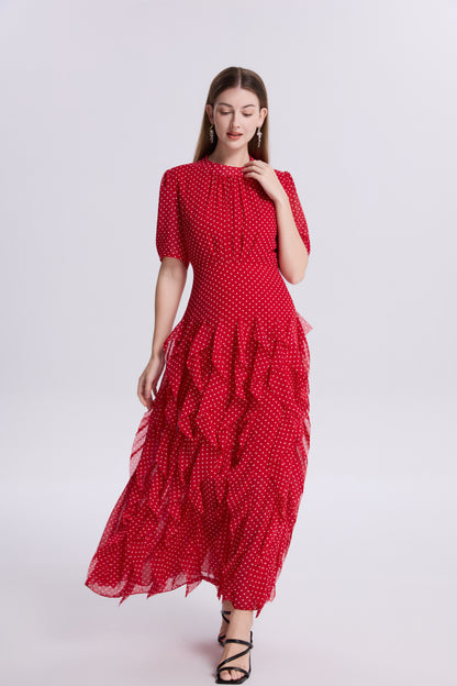 Polka Dot Ruffle Chiffon Maxi Dress