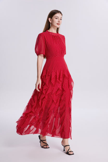 Polka Dot Ruffle Chiffon Maxi Dress