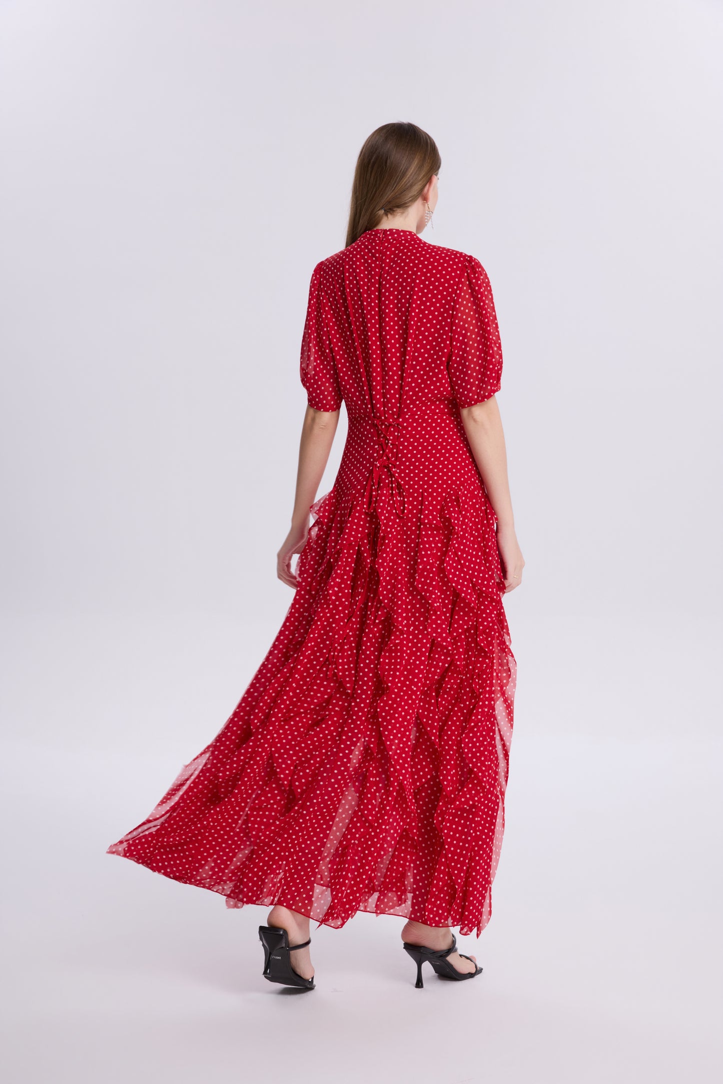 Polka Dot Ruffle Chiffon Maxi Dress