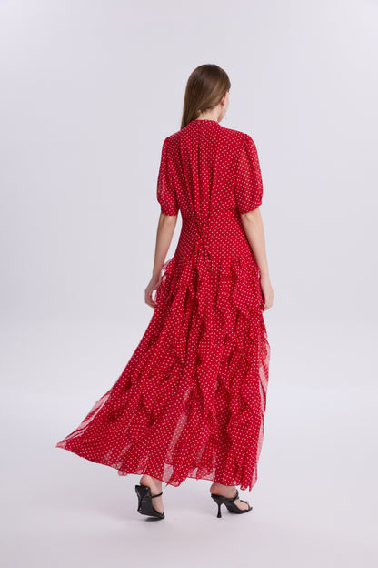 Polka Dot Ruffle Chiffon Maxi Dress