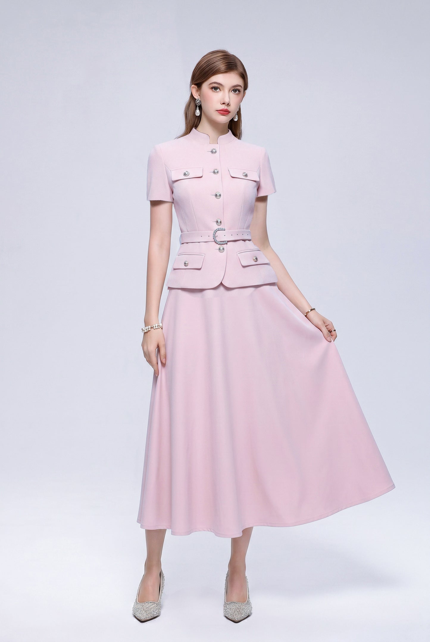 Chic 2-Piece Outfit: EShort-Sleeve Mandarin Collar Jacket & A-Line Skirt