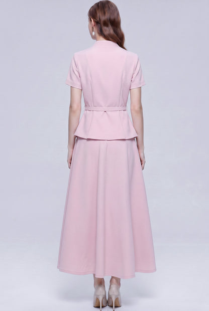 Chic 2-Piece Outfit: EShort-Sleeve Mandarin Collar Jacket & A-Line Skirt