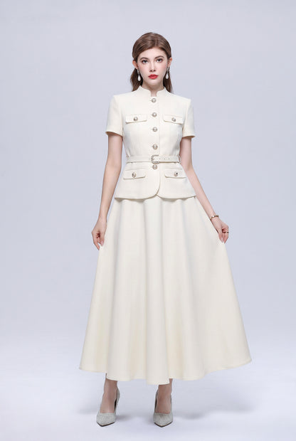 Chic 2-Piece Outfit: EShort-Sleeve Mandarin Collar Jacket & A-Line Skirt