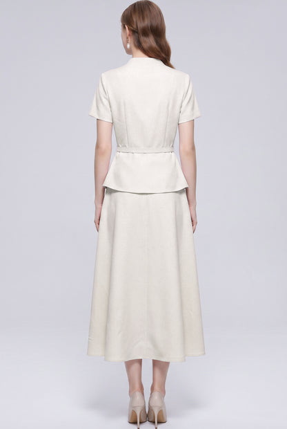 Chic 2-Piece Outfit: EShort-Sleeve Mandarin Collar Jacket & A-Line Skirt