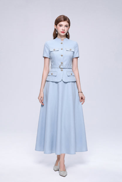 Chic 2-Piece Outfit: EShort-Sleeve Mandarin Collar Jacket & A-Line Skirt