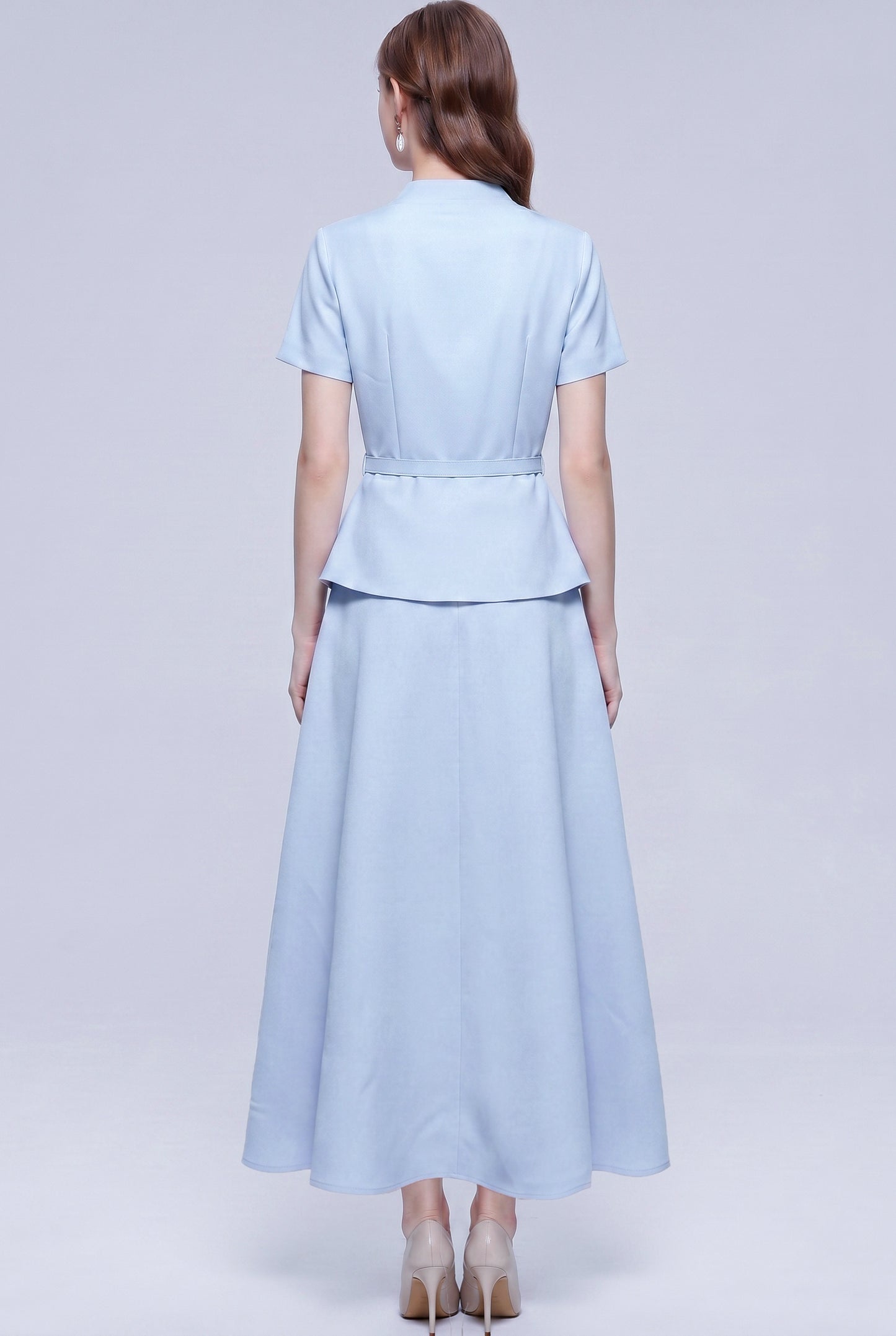 Chic 2-Piece Outfit: EShort-Sleeve Mandarin Collar Jacket & A-Line Skirt