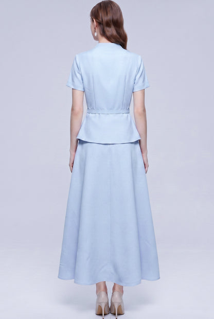 Chic 2-Piece Outfit: EShort-Sleeve Mandarin Collar Jacket & A-Line Skirt