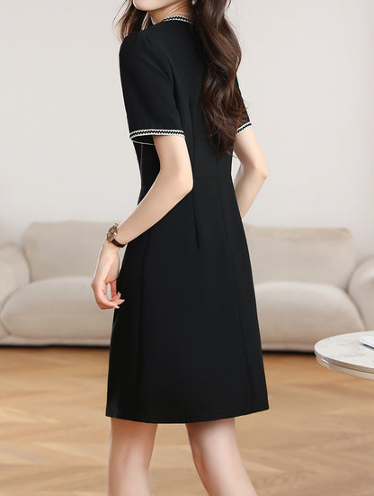 Black Contrast Trim Button Front Mini Dress with Pockets