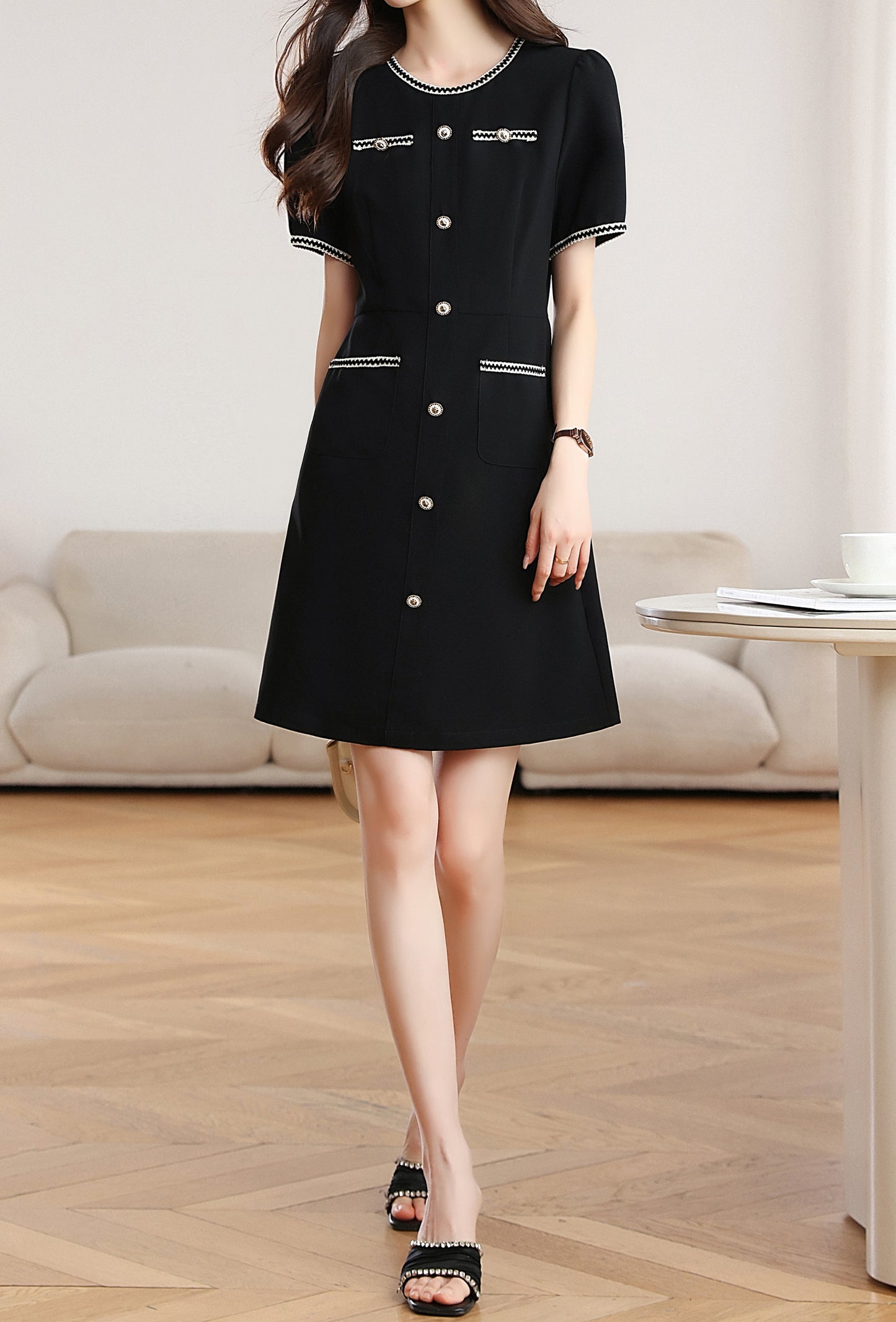 Black Contrast Trim Button Front Mini Dress with Pockets