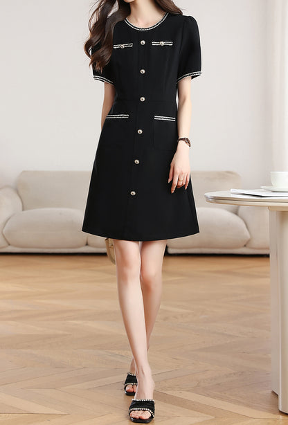 Black Contrast Trim Button Front Mini Dress with Pockets