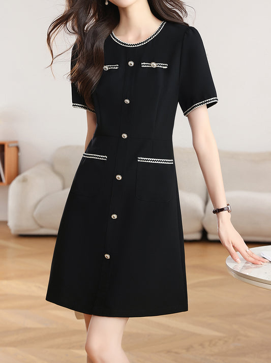 Black Contrast Trim Button Front Mini Dress with Pockets